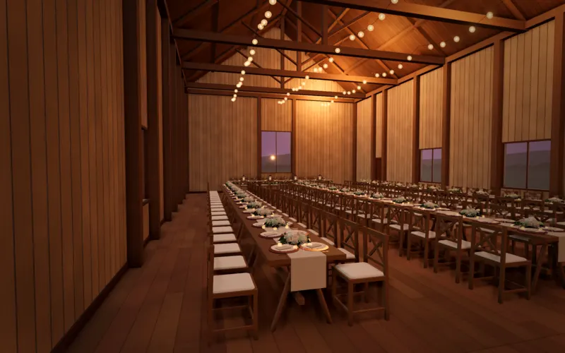 Inside a timber barn by evening, seen from the entrance in 3D: long banquet tables laid for dinner under strings of festoon lights