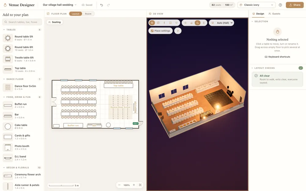 The full planner: item palette, floor plan of a village hall, the same room in 3D, and layout checks showing all clear